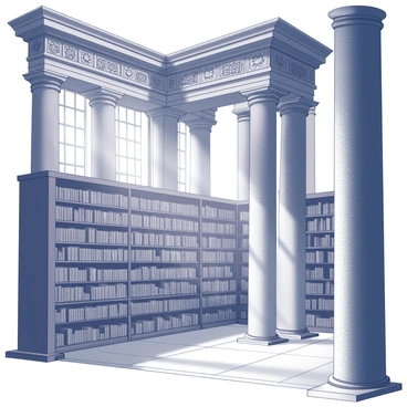 A grand library resembling a temple, featuring colossal columns that rise majestically towards a high ceiling. The columns are intricately detailed, showcasing carvings of various ancient symbols and patterns. Shelves filled with ancient texts line the walls, their spines prominently displaying titles in faded lettering. The floor is made of polished stone, reflecting the grandeur of the surrounding architecture. Soft light filters through large windows, illuminating the space and casting shadows that enhance the library's imposing presence.