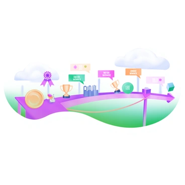 A modern pastel illustration featuring a horizontal timeline that stretches across the image. The timeline is marked with various highlighted moments, each represented by a colorful dot or badge. Along the timeline, there are small icons symbolizing significant awards in illustration, such as a trophy and a ribbon. Each moment is accompanied by the text "Award Winner" in bold letters, displayed in pastel colors. The background features a soft gradient that transitions from light blue to light pink, creating a gentle atmosphere that enhances the timeline's visibility.