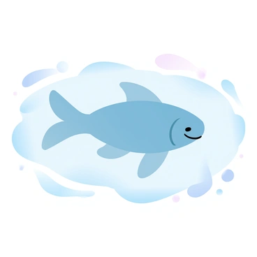 A fish is depicted in a minimalist pond, characterized by a few elegant curves that define its streamlined body. The fish gracefully moves through the water, surrounded by gentle ripples that radiate outward. The pond features smooth, flowing shapes that represent the water's surface, creating a harmonious composition. Subtle reflections from the fish are visible on the water, enhancing the serene ambiance of the scene. The color palette consists of soft gradient pastel colors, adding a calming effect to the overall image.