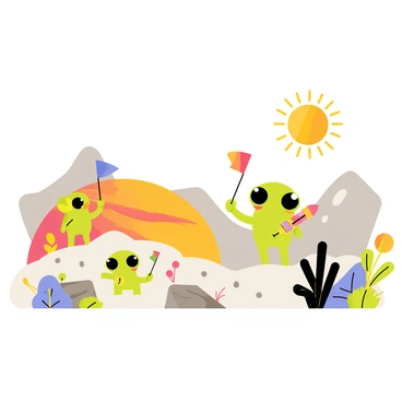 A vibrant cartoon-style illustration featuring a variety of alien creatures exploring the surface of Mercury. The scene includes small green aliens with big eyes, one holding a colorful flag, and another using a shiny gadget to scan the ground. The landscape is a rocky terrain with shades of gray and orange, dotted with peculiar, colorful plants. A bright, radiant sun is shining in a clear sky, casting playful shadows on the ground. In the background, craters and hills can be seen, adding depth to the alien exploration scene.