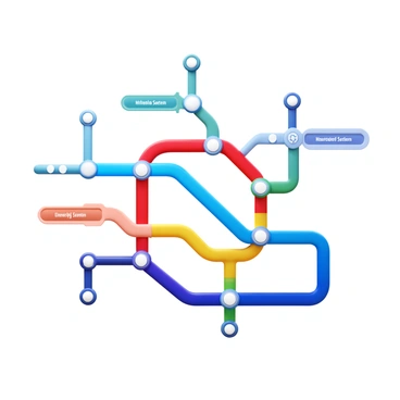 A subway map designed to represent a journey through the human body. The map features various anatomical station names such as "Heart", "Lungs", "Brain", "Liver", and "Kidneys". Each station is visually distinct and labeled clearly. The routes connecting the stations are illustrated as colorful lines, with different colors representing various body systems like the circulatory system and respiratory system. The overall design is clear and easy to navigate, resembling a traditional subway map while incorporating anatomical features.