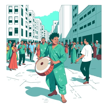 A teal street performer is joyously playing a dholki in a bustling urban square. The performer is wearing a colorful outfit with vibrant patterns, and a smile is spreading across their face. Surrounding the performer, there are a variety of onlookers, some clapping and others dancing to the rhythm. The background features tall buildings and a mix of pedestrians, creating a lively atmosphere. The sunlight casts soft shadows on the cobblestone pavement, enhancing the scene's vibrancy.