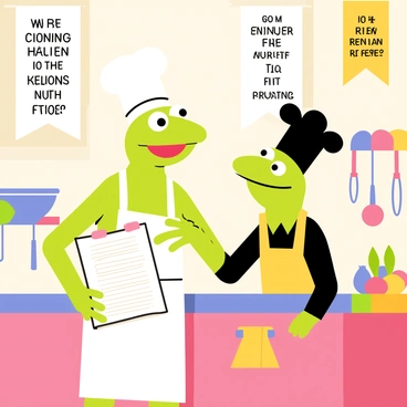 A cartoon-style illustration featuring "Kermit the Frog" wearing a white chef hat, holding a notepad filled with cooking recipes. He has a friendly expression as he gestures excitedly with one hand. Facing him is "his evil alter ego," a green frog with a mischievous grin, wearing a black chef hat. The scene is set in a colorful kitchen, with various cooking utensils and ingredients scattered around, including a mixing bowl and vegetables. Banners with humorous recipe ideas are hanging on the walls, adding to the lively atmosphere of the discussion.