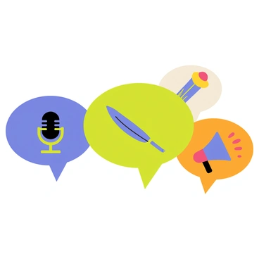 Multiple overlapping speech bubbles in various colors, including blue, green, and orange. Each speech bubble contains different symbols representing free speech, such as a microphone, a quill pen, and a megaphone. The speech bubbles are arranged playfully, with some slightly tilted and overlapping each other, creating a dynamic and lively composition.
