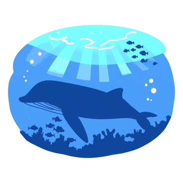 A blue giant whale is gliding gracefully through the deep ocean. The whale's massive body is streamlined, creating a gentle wave as it moves through the water. Surrounding the whale, there are clusters of small fish swimming in schools, creating a lively contrast against the blue ocean backdrop. Rays of light penetrate the water's surface, illuminating the scene and highlighting the whale's smooth skin. Bubbles trail behind the whale, enhancing the sense of motion as it navigates its underwater environment.