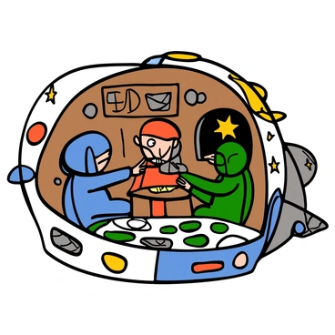 A group of toy astronauts, each with distinct colors and designs, are gathered inside a cardboard spaceship. The spaceship is decorated with colorful drawings and cut-outs that mimic control panels and windows. One astronaut, in a bright blue suit, is pointing at a map spread out on a small table, while another astronaut, in a red suit, is gazing through a cardboard window, pretending to observe the stars. The third astronaut, in a green suit, is adjusting a makeshift control lever, appearing focused and determined. The interior of the cardboard spaceship gives a cozy and playful atmosphere, filled with various toy equipment scattered around, enhancing the sense of adventure.