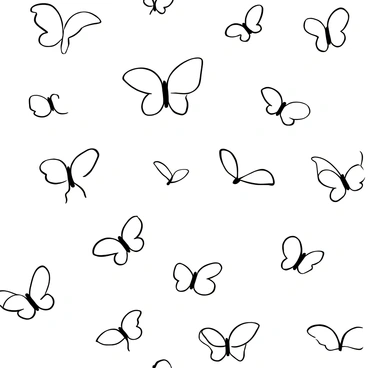 A wallpaper pattern showcasing a repeated design of simple butterflies. Each butterfly is outlined in black, with symmetrical wings extended outward. The butterflies are evenly spaced across the pattern, creating a rhythmic flow. Some butterflies have slightly varying wing shapes, adding subtle diversity to the overall design. The background remains plain, ensuring that the focus remains on the delicate outline of the butterflies.