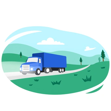 A large blue truck is emerging through the dense, swirling mist of a foggy morning. The truck’s headlights are on, casting a dim light through the haze. In the background, rolling green hills are partially obscured by the fog, while a few tall trees stand like silhouettes. The ground is covered with dew-kissed grass, glistening softly in the low light. The atmosphere conveys a sense of calm, with the quiet of the countryside surrounding the scene.