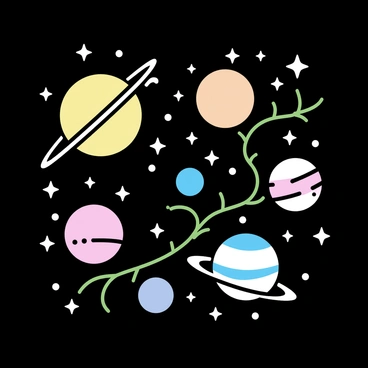 A mural featuring the cosmos, showcasing various planets with distinct colors and patterns. The planets are surrounded by numerous stars, twinkling and varying in size. Intertwined among the planets and stars are delicate green vines, gracefully wrapping around the celestial bodies. The background is a deep black, representing the vastness of space, enhancing the vibrant colors of the planets and the luminous quality of the stars.