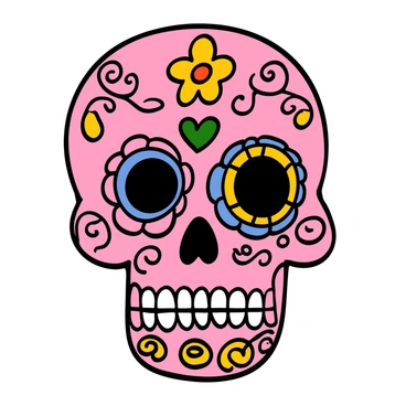 A sugar skull with intricate designs and patterns. The skull is covered in bright, colorful icing, featuring vibrant shades of pink, blue, yellow, and green. Candy decorations, including small flowers and hearts, are arranged around the eyes and mouth of the skull. The intricate details showcase various shapes and sizes of candies, adding a festive touch. The overall appearance is lively and eye-catching, reflecting a celebration theme.