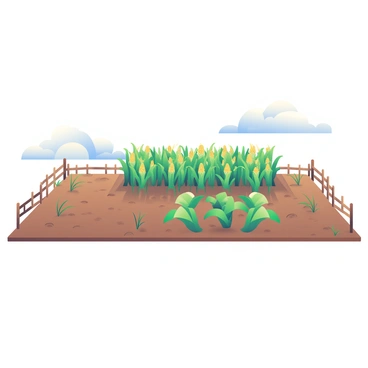 A large field is divided into eight distinct plots, each marked by wooden fences. One plot stands out, flourishing with vibrant green crops that are tall and healthy. The surrounding plots are relatively barren, showcasing brown earth and sparse weeds. In the flourishing plot, there are rows of corn plants with golden ears peeking out, while the other plots appear empty or have only a few struggling plants. The sky above is clear with a few fluffy white clouds floating by, providing a bright backdrop to the scene.