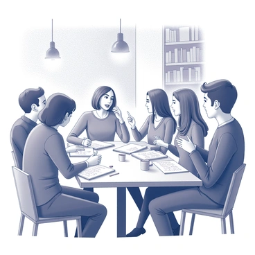 A group of five students is seated around a wooden table in a café. Each student has a sketchbook open in front of them, filled with various doodles and notes. They are engaged in a lively discussion, with one student gesturing animatedly while another is jotting down ideas. The table is cluttered with pencils, erasers, and coffee cups. In the background, soft lighting from hanging lamps illuminates the cozy interior of the café, while textured walls and shelves lined with books create an inviting atmosphere.