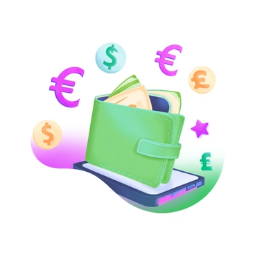 A modern pastel illustration featuring a digital wallet icon in the center. The wallet is depicted in a soft green color and is partially open, revealing a few bills peeking out. Surrounding the wallet are various currency symbols, including the dollar sign, euro symbol, yen symbol, and pound symbol, each illustrated in different pastel colors like pink, blue, and yellow. These currency symbols are arranged in a circular pattern around the wallet, creating a cohesive and colorful visual.
