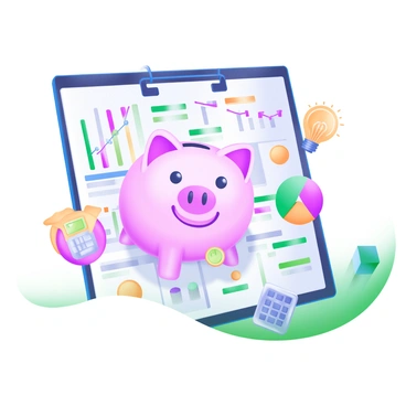 A page filled with various "creative financial planning doodles and sketches." In the center, there is a large "piggy bank" with a cheerful face. Surrounding the piggy bank are several "charts" depicting upward trends and downward trends, each represented with colorful lines. There are also "bar graphs" showing different financial categories, and "pie charts" displaying budget allocations, each with distinct sections in different pastel colors. Scattered across the page are small icons representing coins, a calculator, and a light bulb for ideas, all contributing to a vibrant and engaging layout.