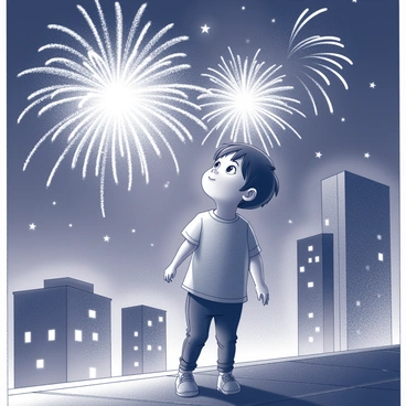 A child is standing on a rooftop, gazing upward. The child's face is illuminated by the bright bursts of fireworks exploding in the night sky. The cityscape in the background features tall buildings with windows reflecting the light from the fireworks. The sky is filled with a variety of shapes created by the fireworks, including stars and spirals. The atmosphere is lively and festive as the child is filled with wonder and excitement.
