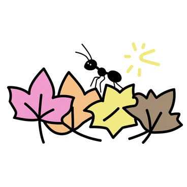 An ant, depicted with intricate detail, is moving across a variety of colorful autumn leaves. The leaves are in shades of red, orange, yellow, and brown, creating a vivid and diverse landscape. The ant is small in scale, showcasing its fine legs and antennae as it navigates over the textured surface of the leaves. Sunlight filters through the foliage, casting gentle shadows and highlighting the richness of the fall season.