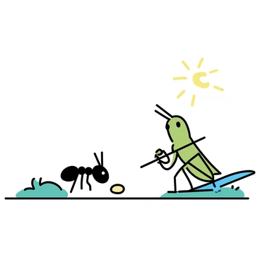 A small ant, with a shiny black body and six legs, is carrying a crumb of food across a patch of green grass. Nearby, a grasshopper, with vibrant green wings and large compound eyes, is sitting on a leaf, playing a small fiddle. The grasshopper is positioned on its hind legs, holding the fiddle with its front legs and using its antennae as if conducting the music. Sunlight filters through the leaves above, casting dappled shadows on the ground.