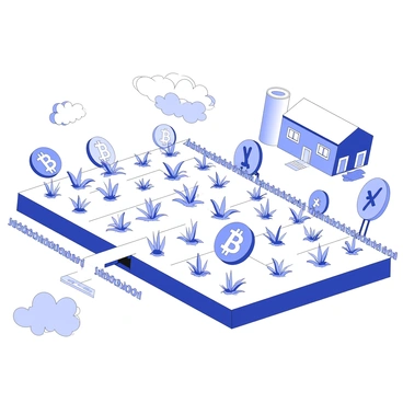 A digital farm landscape filled with crops that resemble various cryptocurrency symbols. The field is neatly organized in rows, showcasing symbols like "Bitcoin," "Ethereum," and "Litecoin" sprouting from the ground. Each symbol appears three-dimensional, with textures indicating growth and vitality. Surrounding the crops, there are virtual fences made from pixelated wood, and above the farm, a blue sky with fluffy clouds can be seen. In the background, there are stylized digital barns with sleek designs, and a pathway constructed from binary code leads through the farm.