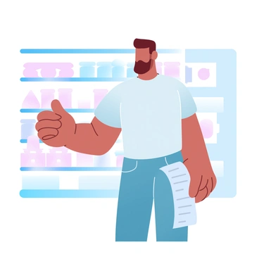 A shopper is standing in a store aisle, holding a long receipt in one hand. In the other hand, the shopper is holding an item that does not match the details on the receipt. The shopper is wearing a casual outfit consisting of a t-shirt and jeans. The store shelves behind the shopper are stocked with various products, indicating a busy shopping environment. Colorful packaging is visible on the shelves, adding to the atmosphere of the aisle.