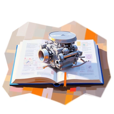 An open textbook lies on a wooden table, showcasing detailed technical illustrations of a car engine. The pages are filled with various diagrams, labels, and annotations that explain components such as the cylinder head, pistons, and crankshaft. The illustrations are precise and intricate, providing a clear view of the engine's inner workings. The cover of the textbook is a deep blue, and there are bookmarks peeking out from the pages, indicating sections of interest. Soft light casts gentle shadows, enhancing the textures of the paper and the illustrations.