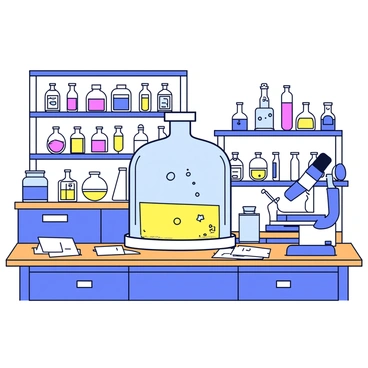 A scientific laboratory scene featuring a large cloche made of glass, covering a mysterious experiment underneath. The cloche is transparent, allowing for a clear view of the contents inside. The laboratory is filled with various laboratory equipment such as beakers, test tubes, and a microscope. A workstation with a wooden table is visible in the foreground, cluttered with papers and notes. The background includes shelves filled with jars containing colorful substances, and a bright overhead light illuminating the entire setting.