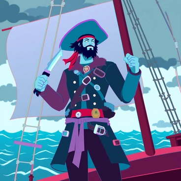 A fearsome pirate captain with a scarred face and a rugged beard stands confidently on the deck of a ship. His clothes are tattered and worn, adorned with various trinkets and a weathered captain's hat. The captain grips a cutlass in one hand, its blade glinting in the light. The background features tall masts and billowing sails, with the ocean waves crashing against the ship's side. Dark clouds loom overhead, hinting at an impending storm. The captain's intense gaze surveys the horizon, embodying a commanding presence amidst the turbulent sea.