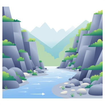 An expansive rift valley features steep, rocky cliffs with a variety of textures. The cliffs are adorned with patches of green vegetation, contrasting with the gray stone. A wide river flows through the valley, its water shimmering under the sunlight. The riverbanks are lined with smooth pebbles and small shrubs. In the distance, the valley stretches out towards a horizon filled with mountains, creating a breathtaking natural landscape. The sky above is a soft gradient of blues, transitioning from a light hue near the horizon to a deeper shade higher up.