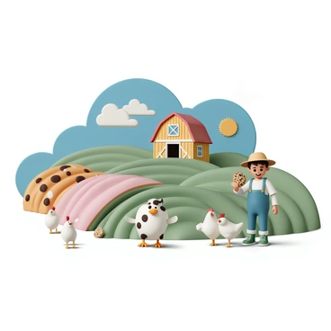 A whimsical farm with rolling green fields under a bright blue sky. Rows of large, colorful cookies are arranged like crops, with chocolate chip, oatmeal raisin, and frosted sugar cookies visible. A wooden barn in the background has a red roof and is decorated with cookie-themed designs. In the foreground, a farmer, wearing a straw hat, denim overalls, and green rubber boots, is joyfully harvesting a cookie from the ground. Surrounding the farm are playful animals, including a cow with cookie-shaped spots and chickens pecking at crumbs.