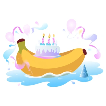 A banana boat is floating on calm water, adorned with colorful birthday decorations, including vibrant streamers and balloons tied around the edges. On the deck of the boat, there is a large birthday cake, decorated with icing and topped with lit candles. Bright sunlight reflects off the water, creating a festive atmosphere. A few party hats are placed around the cake, adding to the celebratory theme.