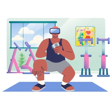 A person with light brown skin is wearing virtual reality glasses while executing a dumbbell pullover exercise. They are positioned on a yoga mat in a virtual gym environment, surrounded by colorful exercise equipment. The individual is wearing a fitted black tank top and gray athletic shorts. In their hands, they are gripping a shiny silver dumbbell, positioned above their chest. The virtual background features a variety of gym equipment, including exercise bikes and a wall mirror reflecting vibrant workout posters. A large window in the background showcases a bright blue sky with fluffy white clouds, adding a sense of openness to the scene.