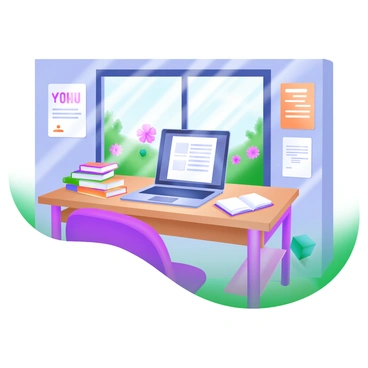 An isometric illustration featuring a cozy study space. In the center, there is a wooden desk with a sleek laptop open, displaying a document. Scattered around the desk are several colorful books, some stacked and others lying open. Behind the desk, a large window offers a view of a vibrant garden filled with blooming flowers and lush greenery. Sunlight streams in through the window, casting soft shadows across the room. The walls are adorned with motivational posters, and a comfortable chair is positioned at the desk, inviting for study sessions.