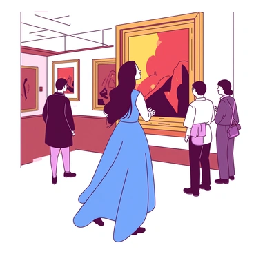 A woman with long dark hair is standing in front of a famous painting in a museum. She is wearing a flowing blue dress that contrasts with the warm colors of the artwork. Her hands are clasped together in front of her as she leans slightly forward, gazing intently at the painting. The painting features vibrant hues of red and yellow, capturing the attention of onlookers. The museum walls are adorned with other artworks, and soft lighting highlights the intricate details of the painting.