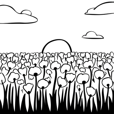 A field filled with numerous poppy flowers, their petals extending outward. The flowers are outlined in black against a background of a sunset sky that is filled with a range of shapes representing clouds. The horizon features a distinct line where the field meets the sky, accentuating the depth of the scene.