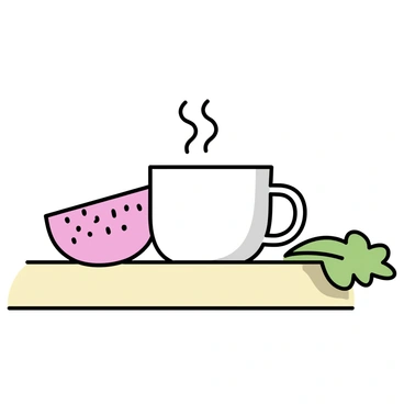 A white cup filled with steaming hot rhubarb tea is placed on a light wooden table. Next to the cup, there is a fresh green slice of rhubarb resting on the table. The surface of the table is smooth and has a natural finish, complementing the colors of the tea and rhubarb.