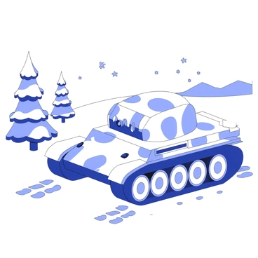 A military tank is moving across a snowy landscape. The tank is covered in camouflage patterns suitable for snowy terrain, blending seamlessly with the white surroundings. Snowflakes are gently falling from the sky, settling on the tank's surface. The tracks of the tank leave distinct impressions in the fresh snow, while pine trees with snow-laden branches are visible in the background. The horizon shows a faint outline of distant, snowy hills.