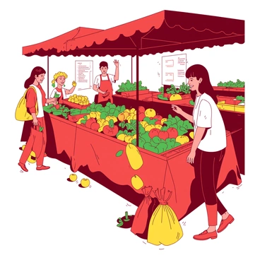 A red and yellow farmers market is filled with various stalls showcasing an abundance of organic produce. There are vibrant green vegetables, colorful fruits, and fresh herbs arranged neatly on the tables. Happy customers are interacting with the vendors, some are picking up ripe tomatoes, while others are sampling juicy strawberries. Sunlight filters through the overhead canopies, casting playful shadows on the ground. In the background, a child is reaching for a shiny apple, while a couple carries environmentally friendly bags filled with fresh goods.
