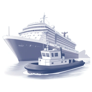 A sturdy tugboat is positioned alongside a massive cruise liner. The tugboat has a strong bow and wide hull, with a small cabin and robust fenders, navigating skillfully in the water. The cruise liner towers over the tugboat, showcasing multiple decks, large windows, and lifeboats along the sides. Behind the cruise liner, the harbor entrance is visible, framed by distant cliffs or city buildings. The water is gently rippling around the tugboat, highlighting its strength and purpose in guiding the larger vessel safely into the harbor.