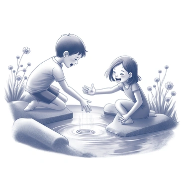 A young boy with dark hair is playing near a babbling brook. He is laughing and splashing water playfully with his hands. A young girl with a flowing dress is sitting on the bank, her hair is caught by a gentle breeze, and she is playfully reaching towards him. The brook is surrounded by lush greenery, with wildflowers dotting the landscape. The sunlight filters through the leaves, casting dappled shadows on the ground. The scene conveys a sense of joyful childhood and friendship.