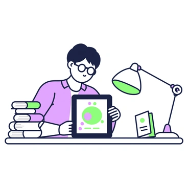A student is sitting at a desk, focused on using a tablet to create scientific diagrams. The tablet is on the desk in front of them, displaying a diagram of a cell with labeled parts. The student has short hair and is wearing glasses, along with a light-colored shirt. To the left of the student, there is a stack of textbooks open to various pages featuring scientific illustrations. On the right side of the desk, a green notebook lies open, with sketches and notes. A desk lamp casts a soft light, illuminating the workspace.