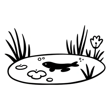 A black-and-white illustration depicting a single stage of frog metamorphosis. In the center, a tadpole with a long, slender body and a small tail is swimming in a shallow pond. Surrounding the tadpole, there are lily pads floating on the water's surface and a few aquatic plants gently swaying. Bubbles rise from the tadpole, creating dynamic movement in the water. The background features a simple outline of reeds and grasses.