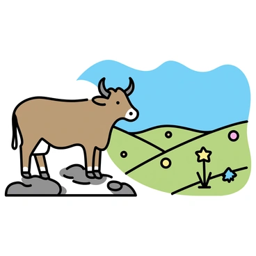 A large cow with a glossy brown coat, standing firmly on a rocky mountaintop. The cow has prominent horns and is gazing out over a vast green valley dotted with patches of colorful wildflowers. The valley stretches into the distance, framed by distant mountains under a clear blue sky. The scene captures the cow's majestic posture as it overlooks the natural landscape below.