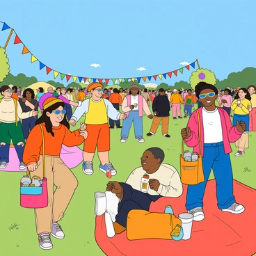 A diverse group of people enjoying a lively music festival under a clear blue sky. They are wearing bright and colorful clothing, with some sporting funky hats and sunglasses. Each person carries a vibrant bag filled with festival essentials like sunscreen, water bottles, and snacks. In the background, festive banners and flags are fluttering, adding to the cheerful atmosphere. Some attendees are dancing, while others are sitting on blankets, sharing food and drinks. Laughter and excitement radiate from the crowd, creating a fun and energetic scene.