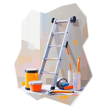 A detailed illustration of a retractable ladder system designed for easy storage. The ladder features a series of lightweight aluminum rungs and a compact frame that allows it to fold into a small profile. The mechanism is shown with the ladder partially extended, demonstrating how it can be pulled down from a mounted position on a wall. Surrounding the ladder are various tools and household items, emphasizing its practicality for reaching high shelves or ceilings. The ladder is mounted securely, showcasing the design’s functionality and ease of use in a home environment.