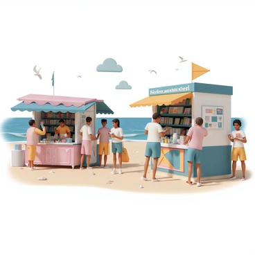 A bustling seaside marketplace where traders exchange colorful cards