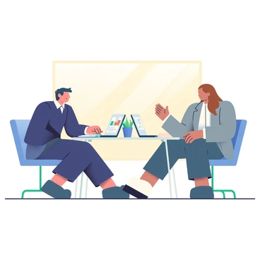 A professional business meeting is taking place at a large rectangular table. A consultant with short black hair is seated on one side, wearing a tailored navy blue suit and a white shirt. Opposite him, a client with long brown hair is wearing a fitted gray blazer and is actively listening with a notepad in hand. On the table, there are several documents and a laptop opened, displaying graphs and charts. A large window in the background lets in natural light, illuminating the scene with a warm glow. A small potted plant is positioned in the center of the table, adding a touch of greenery to the atmosphere.