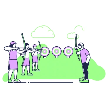 A modern archery range with colorful targets and a line of archers