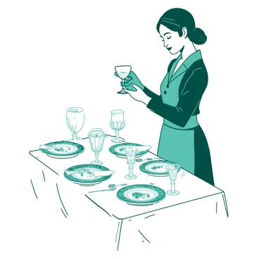 A teal servant dressed in a formal black uniform is standing beside an elegantly set dining table. The table is adorned with immaculate white tablecloth, and there are multiple crystal glasses arranged symmetrically on it. Each glass sparkles under the light. Fine china plates, featuring intricate designs, are placed carefully on top of each setting. The servant holds a delicate piece of cutlery in one hand, while adjusting a glass with the other, ensuring everything is positioned perfectly. The scene conveys a sense of preparation for a luxurious meal.