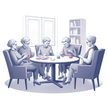 A living room with a warm and inviting atmosphere. In the center, there is a round table where several elderly women are gathered. Each woman is engaged in knitting, holding various colorful yarns and needles. They are seated on comfortable chairs arranged around the table. The women are chatting with smiles on their faces, creating a lively and friendly environment. Soft pillows are scattered on the chairs, and a small bookshelf filled with books is visible in the background. A window allows soft light to stream into the room, enhancing the cozy ambiance.