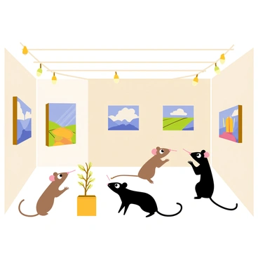 A gallery filled with miniature artwork designed for mouse-sized visitors. The walls are adorned with colorful paintings featuring landscapes and abstract shapes. Small sculptures made of seeds and twigs are displayed on tiny pedestals. In the foreground, several mice are standing on their hind legs, their eyes wide with curiosity as they admire the art pieces. One mouse is pointing at a painting, while another is sniffing a sculpture. Delicate hanging lights illuminate the gallery, creating a warm atmosphere.