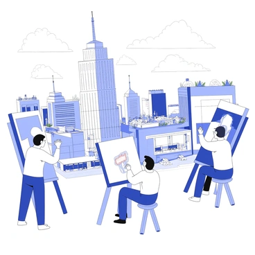 A rooftop view captures a lively cityscape filled with various buildings of different shapes and sizes. In the foreground, several illustrators are positioned at easels, each focused on their artwork, sketching the scene in front of them. One illustrator is working on a depiction of a tall skyscraper with numerous windows reflecting the sun. Another is sketching a street bustling with people and vehicles below. In the background, there are several rooftops adorned with antennas and potted plants. The sky is filled with clouds overhead, adding depth to the scene.